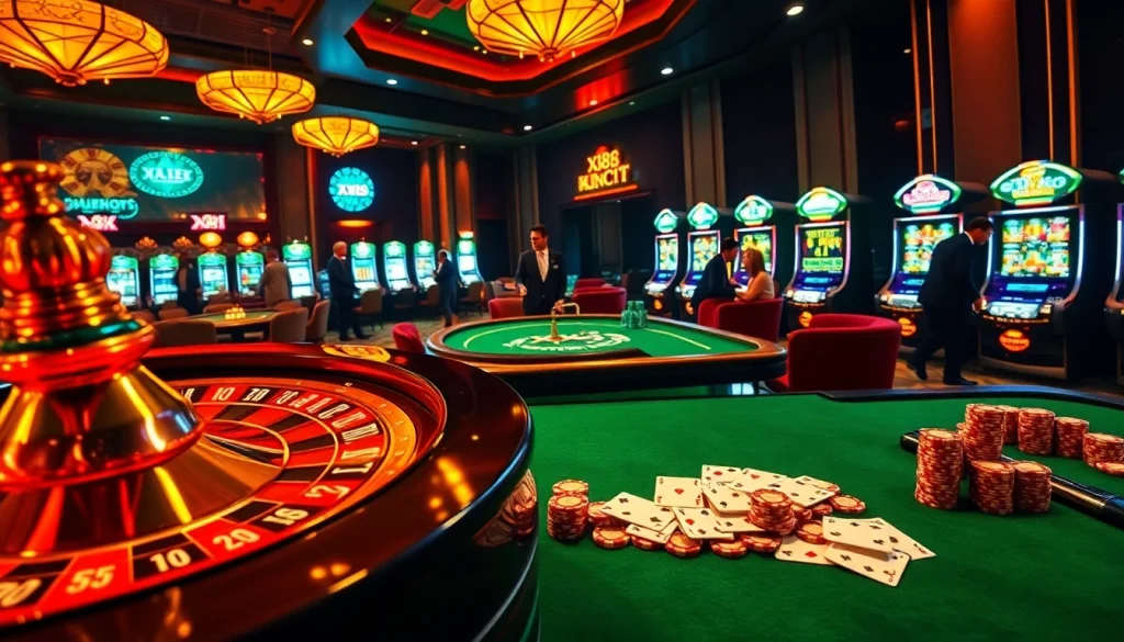 A stunning casino scene showcasing players enjoying games at XX88 with poker chips and roulette wheel.