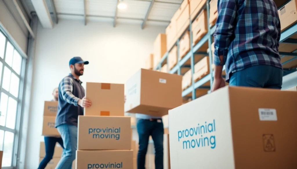 Movers engaged in provincial moving, efficiently stacking boxes in a bright warehouse.