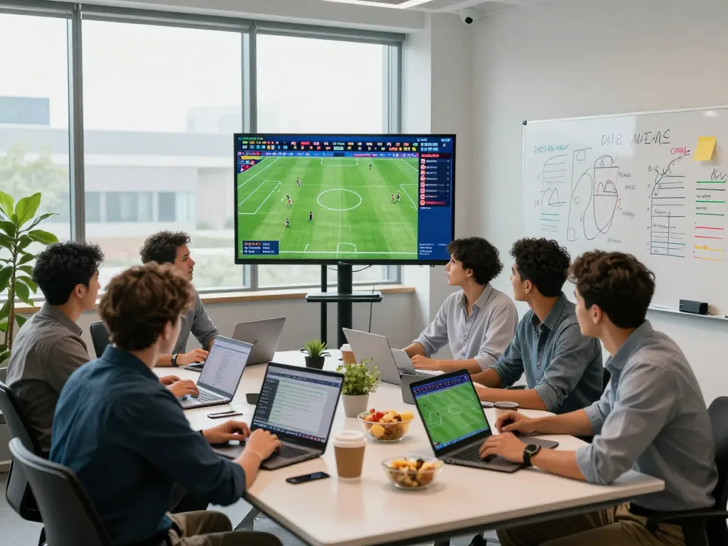 Nowgoal sports analysts collaborating in an office analyzing real-time game statistics and predictions.