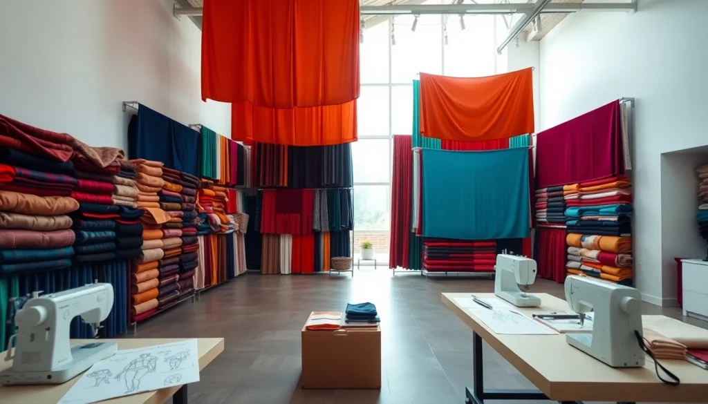 Bekijk stoffen webshop Nederland met diverse kleurrijke en hoogwaardige stoffen in een moderne showroom.