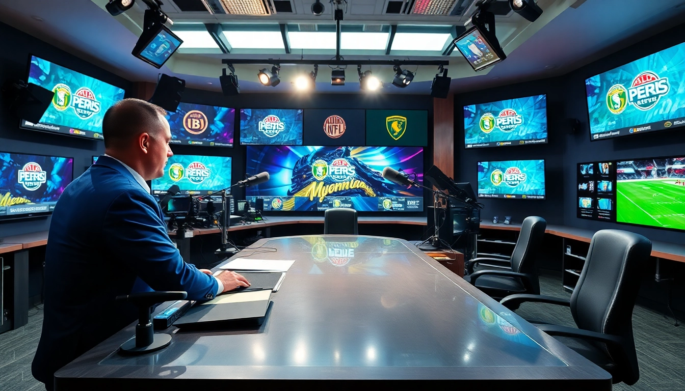 Captivating sports broadcasting scene showcasing an on-air announcer in a vibrant studio.