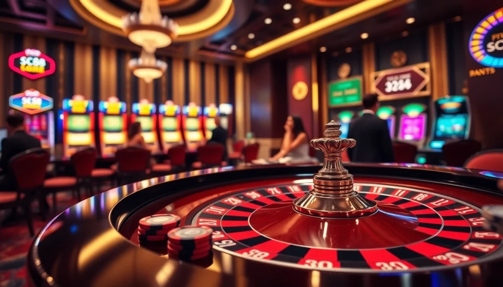 Exciting casino scene with SC88 logo on a roulette table surrounded by vibrant gambling elements.