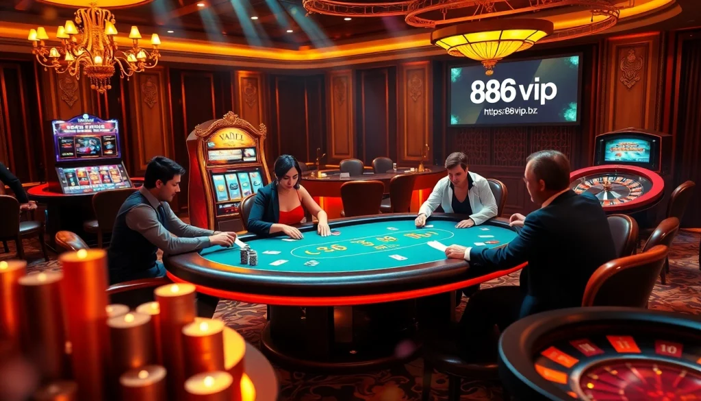 Players engaging at a poker table with the website https://68vip.bz/ highlighting the excitement in a luxurious casino setting.