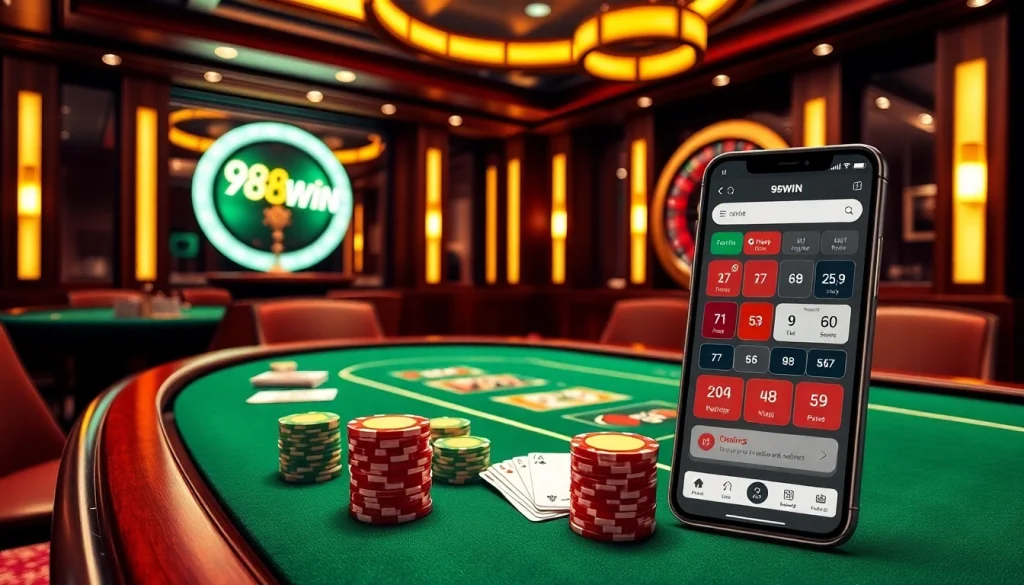 Play poker at 98WIN's luxurious casino with vibrant chips and an engaging roulette wheel.