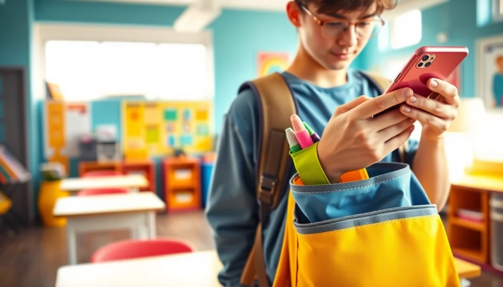 Handytasche Klassenzimmer für Schüler im modernen Unterrichtsraum präsentieren