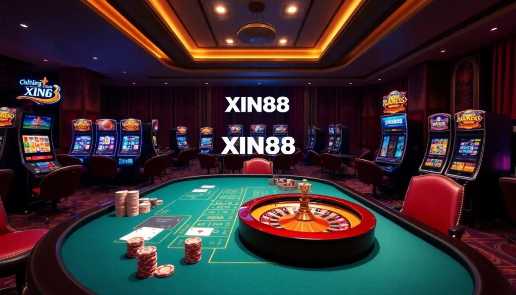 XIN88 online gaming table with poker chips and a roulette wheel, showcasing a luxurious casino atmosphere.