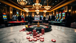 Intense gaming action at uu88 casino featuring roulette wheels, chips, and slot machines.