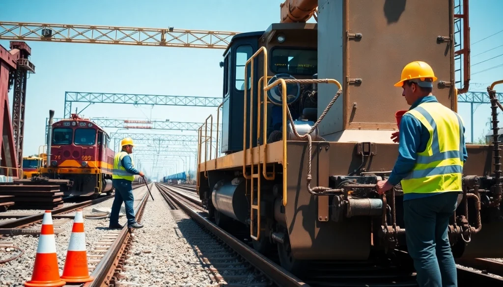 Railroad Contractors Near Me collaborating on-site with heavy machinery and railway tracks.
