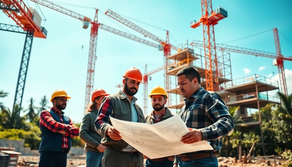 Construction association workers collaborating on a building site, showcasing teamwork and planning.