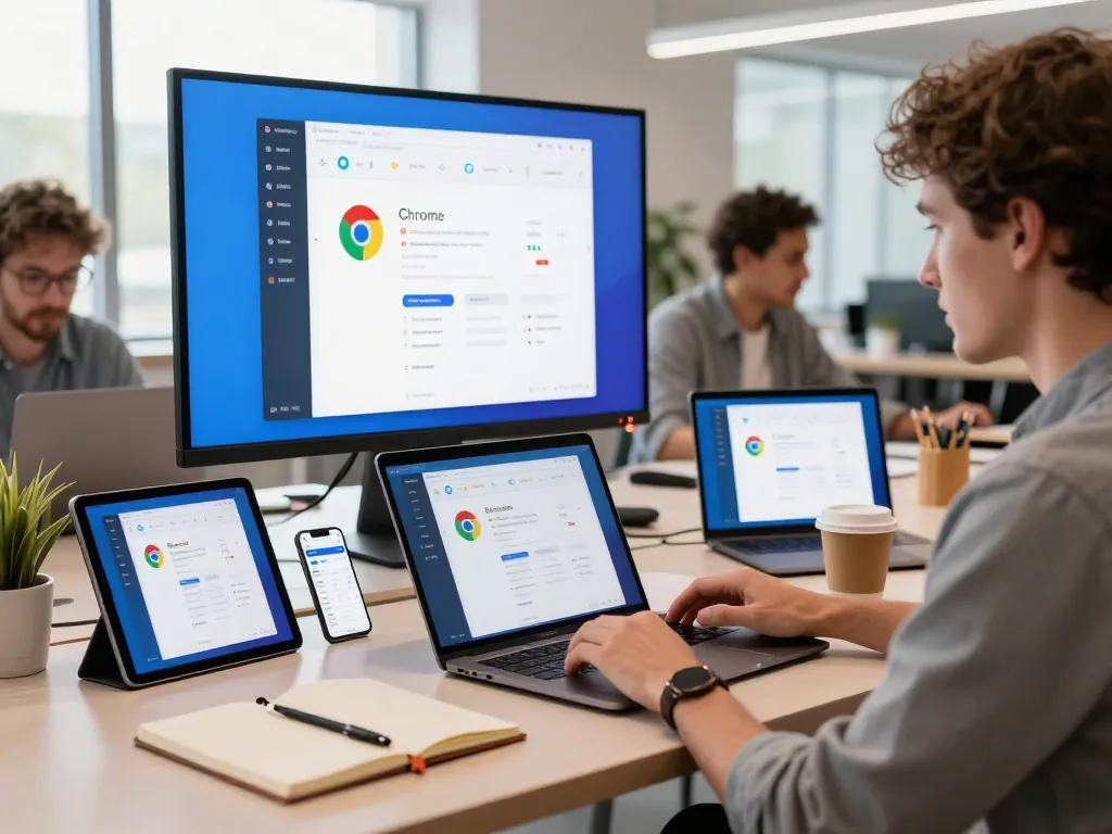 在现代笔记本电脑上使用谷歌浏览器，明亮的工作空间背景中有多个设备和同事。