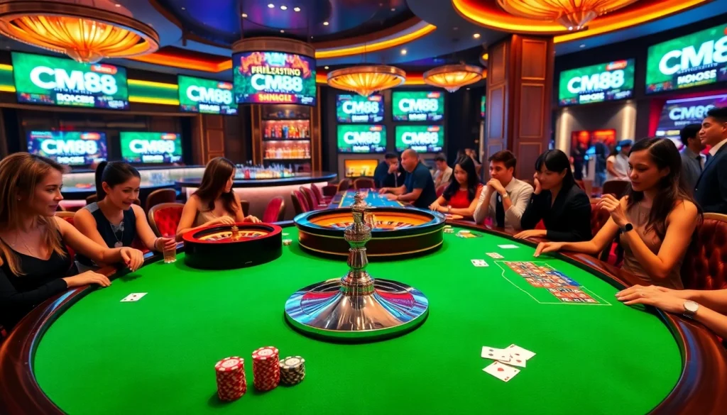 Players enjoying intense moments of betting at a CM88 casino table with vibrant chips and cards.
