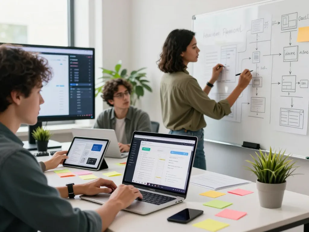Team collaborating on a no code app builder project in a modern workspace.
