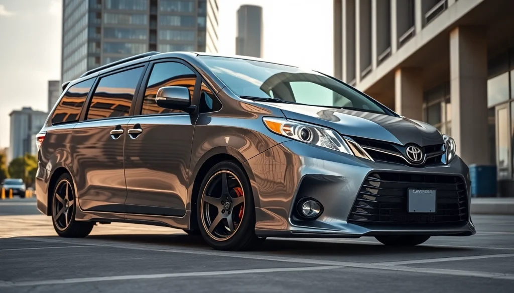 Toyota Sienna modifications highlighting custom features and sporty upgrades in an urban environment.