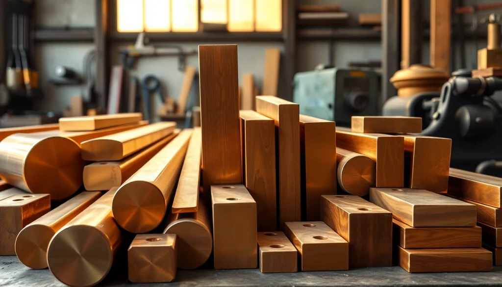 Bara bronz expusă într-o atelier industrial modern, prezentând diverse dimensiuni și forme de bare din bronz.