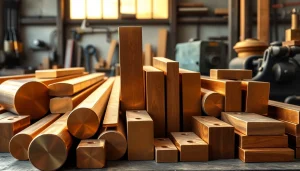 Bara bronz expusă într-o atelier industrial modern, prezentând diverse dimensiuni și forme de bare din bronz.