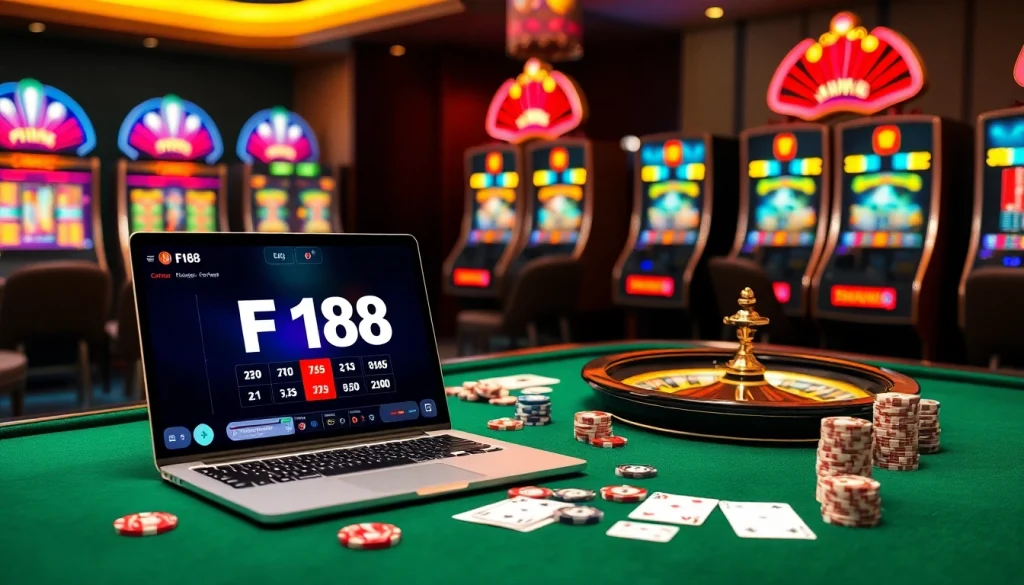 Engaging F168 online gambling scene showcasing vibrant casino elements like chips and a roulette wheel.
