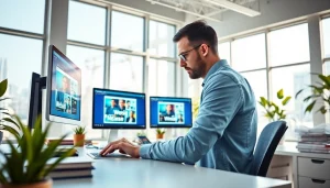 Showcasing website design essex through vibrant digital screens in a modern workspace.