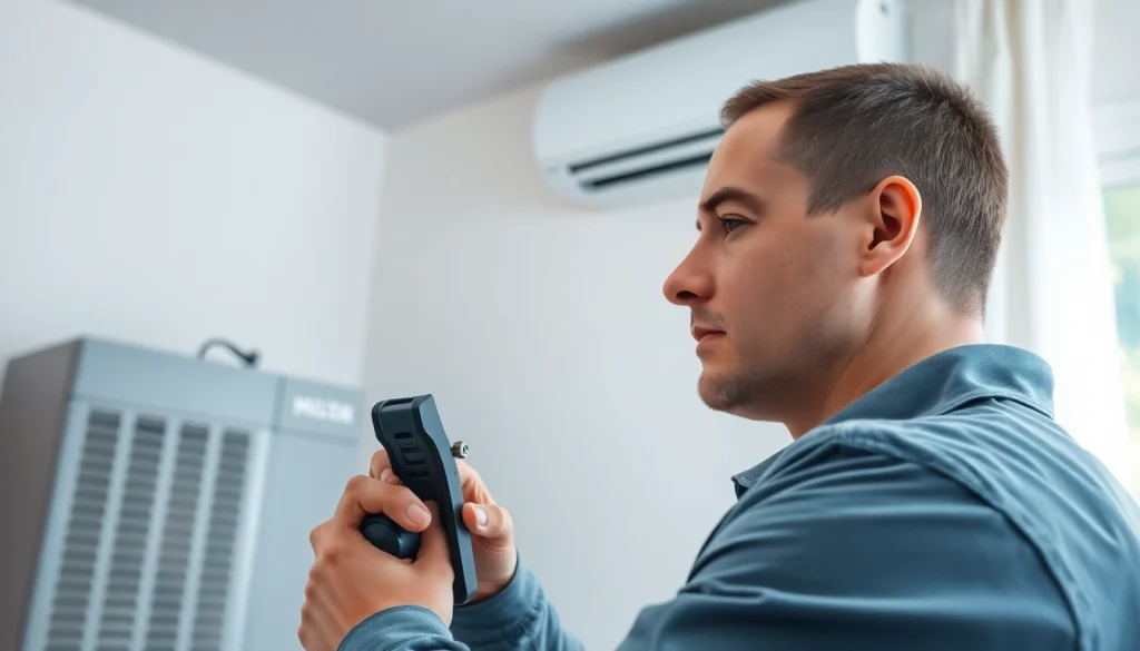 Technician providing heating and cooling services with modern equipment in a bright home.