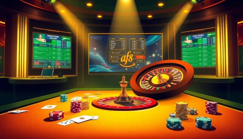 Experience the thrill of AF88 online gambling with vibrant tables, chips, and roulette.
