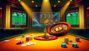 Experience the thrill of AF88 online gambling with vibrant tables, chips, and roulette.