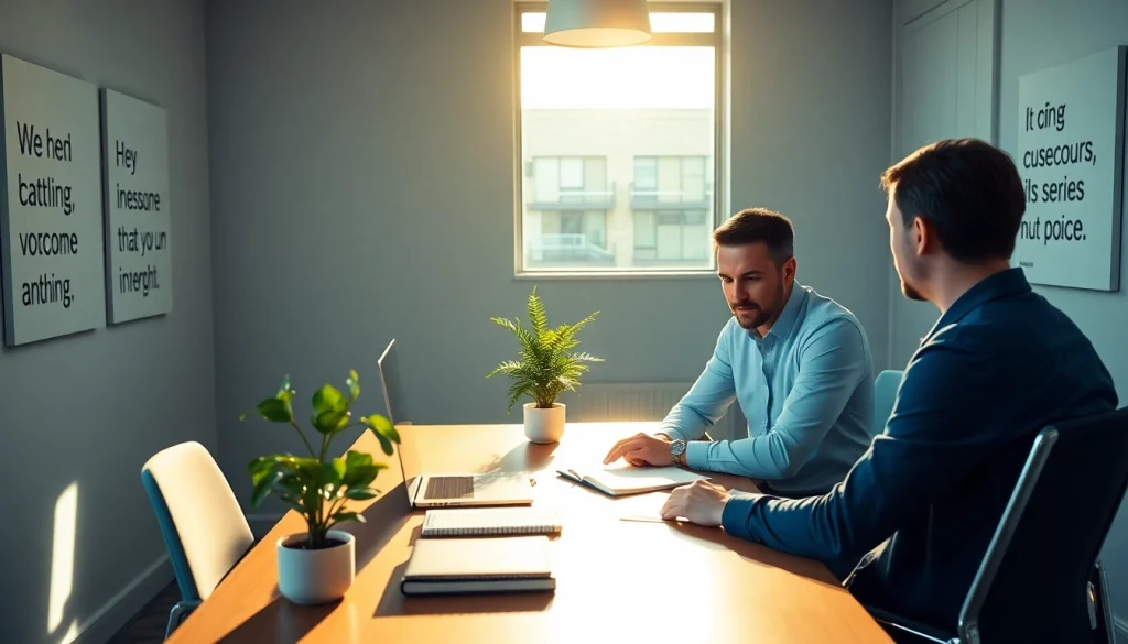 Engaging business coach California guiding a client in a professional office.