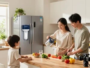 Family using the Waterdrop Plus DA29-00020B NSF 401 Certified Water Filter to prepare a healthy meal in a bright kitchen.
