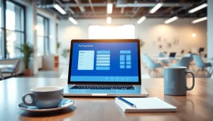 Showcasing innovative payment software on a laptop in a modern office setting.