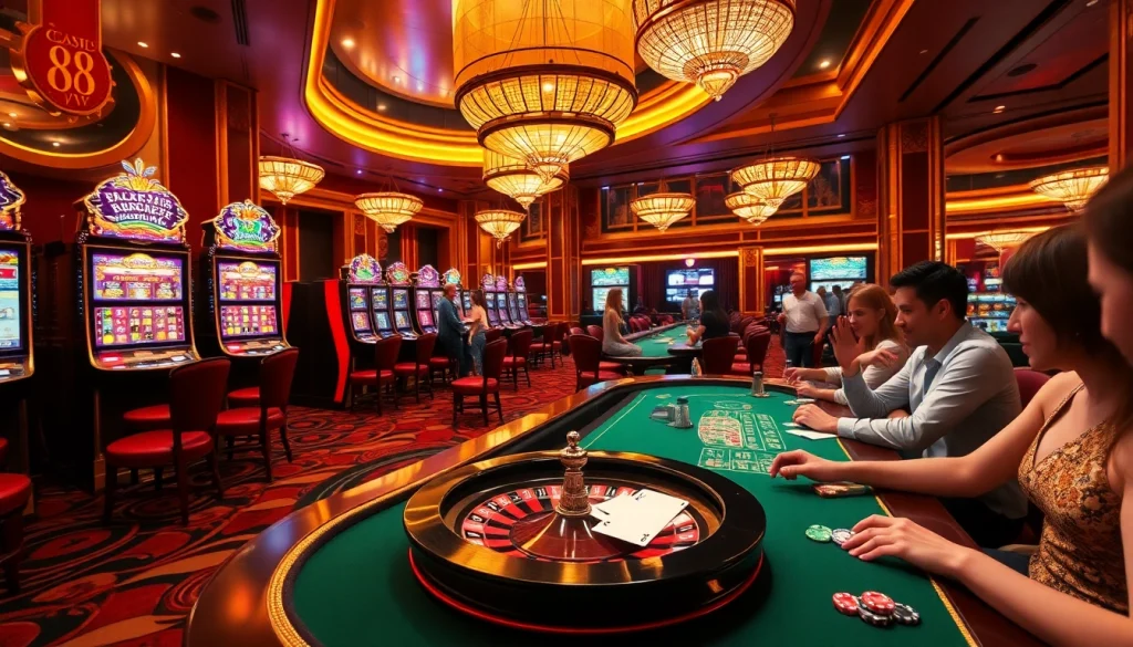 Experience the vibrant excitement of 88VV casino with players at poker tables and dazzling slot machines.