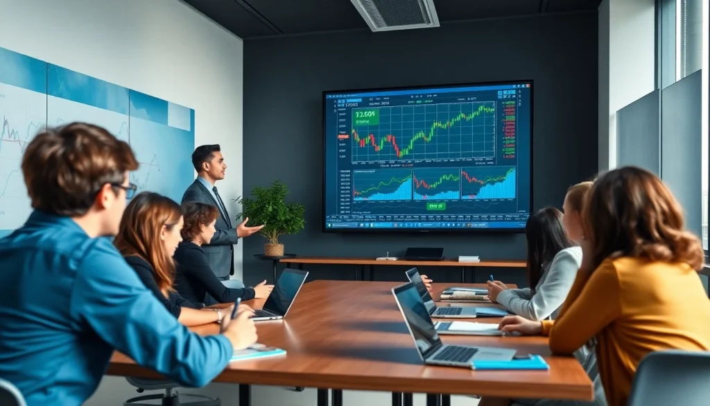 Stock market trading academy classroom with diverse students learning trading strategies from an experienced instructor.