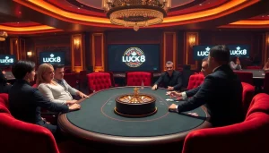 Experience luxury gaming at LUCK8 with players enjoying poker amidst an elegant casino atmosphere.