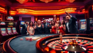 Experience the thrill of winning with Jun88's vibrant casino atmosphere, featuring poker tables and slot machines.