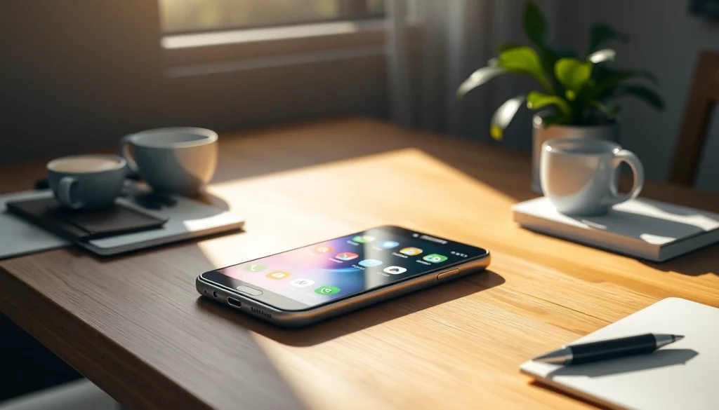 Samsung Galaxy w eleganckim biurze z żywym wyświetlaczem i przytulnymi detalami.