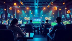 Exciting scene of diverse players engaging in online betting activities at https://nhacaiuytin.tokyo/ with vibrant digital graphics.