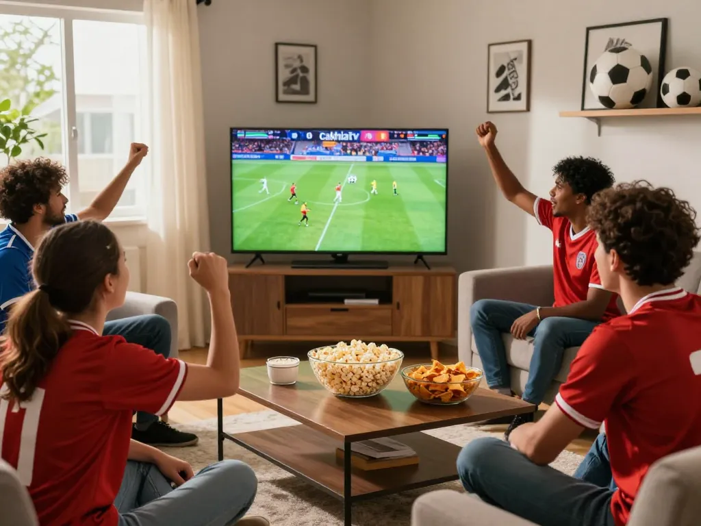 Friends enjoying a live soccer match on Cakhiatv in an excited living room, showcasing team spirit and social interaction.