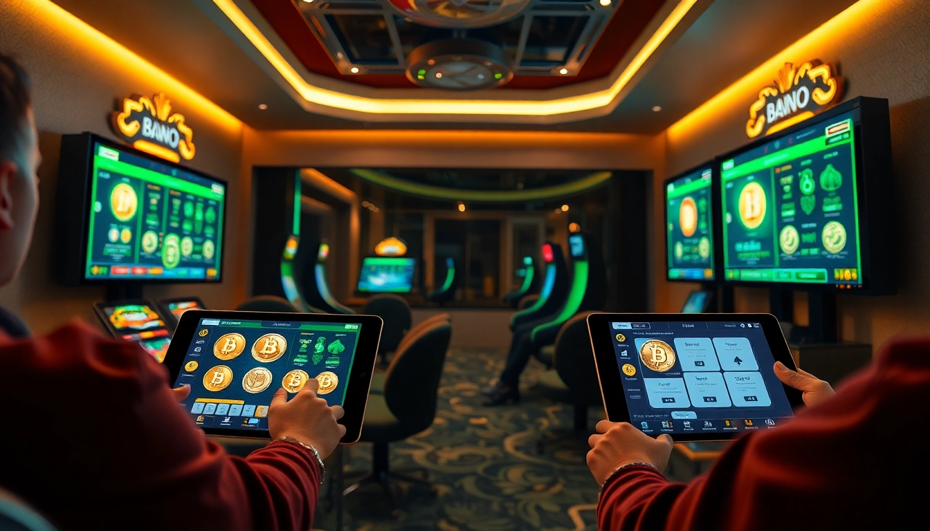 Players engaging with vibrant interfaces at the Best crypto casino in a modern gaming room setting.