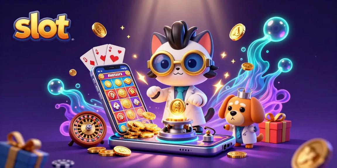 Spin through colorful slots in an imaginative lab with golden bubbles flying all around.