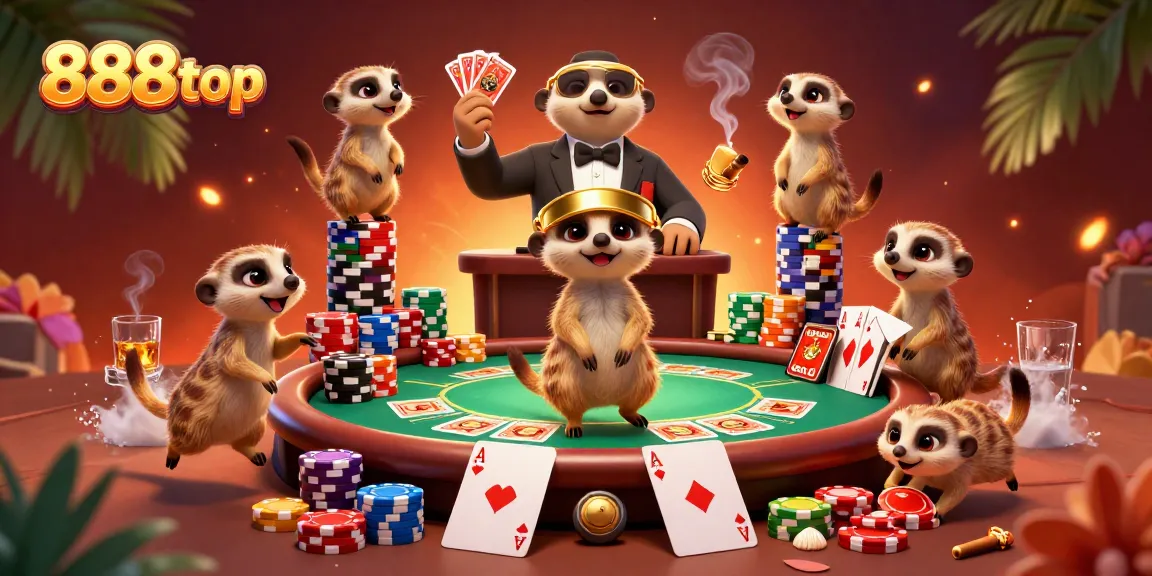 Engage in thrilling gameplay at 888top with lively meerkats running a bustling casino scene and poker action.