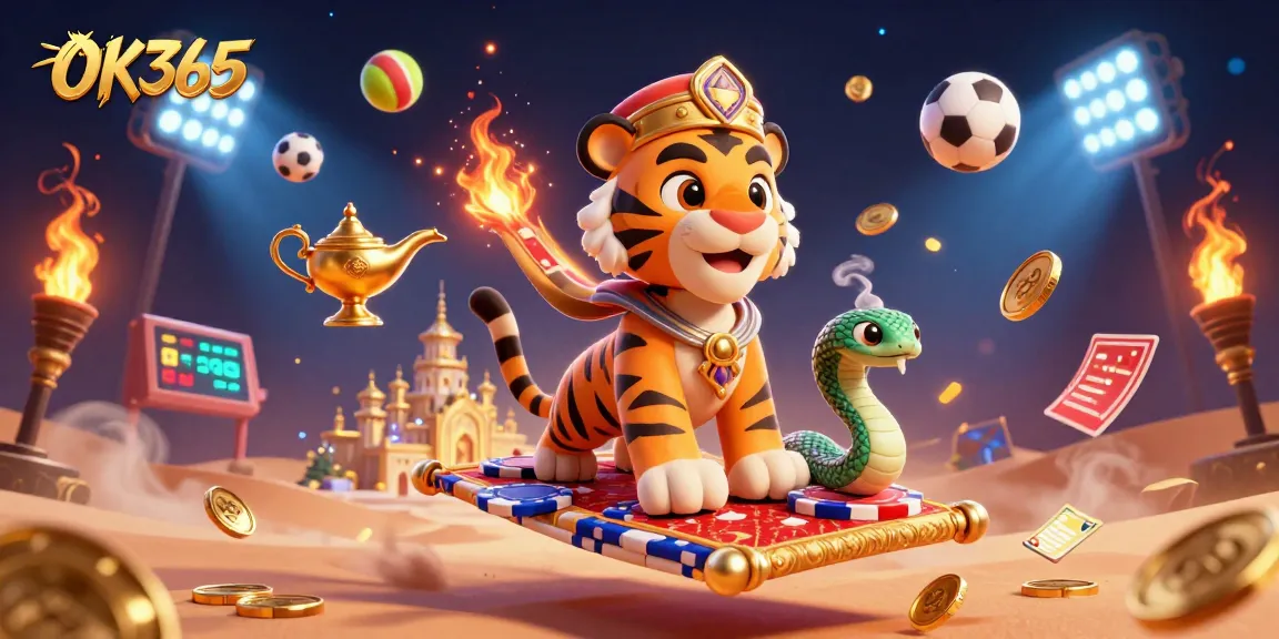 Engage in thrilling gameplay at OK365 with an enchanting scene of a tiger sultan and vibrant sports elements.