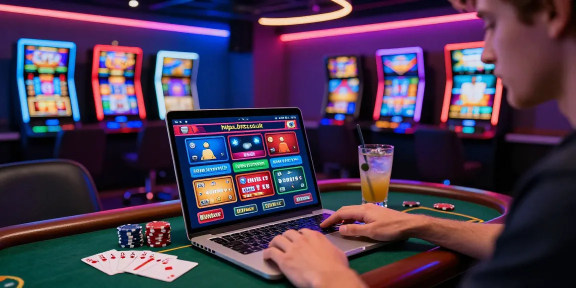 Player exploring credit card casinos at https://brcs.co.uk in a lively gaming lounge with colorful graphics and poker elements.