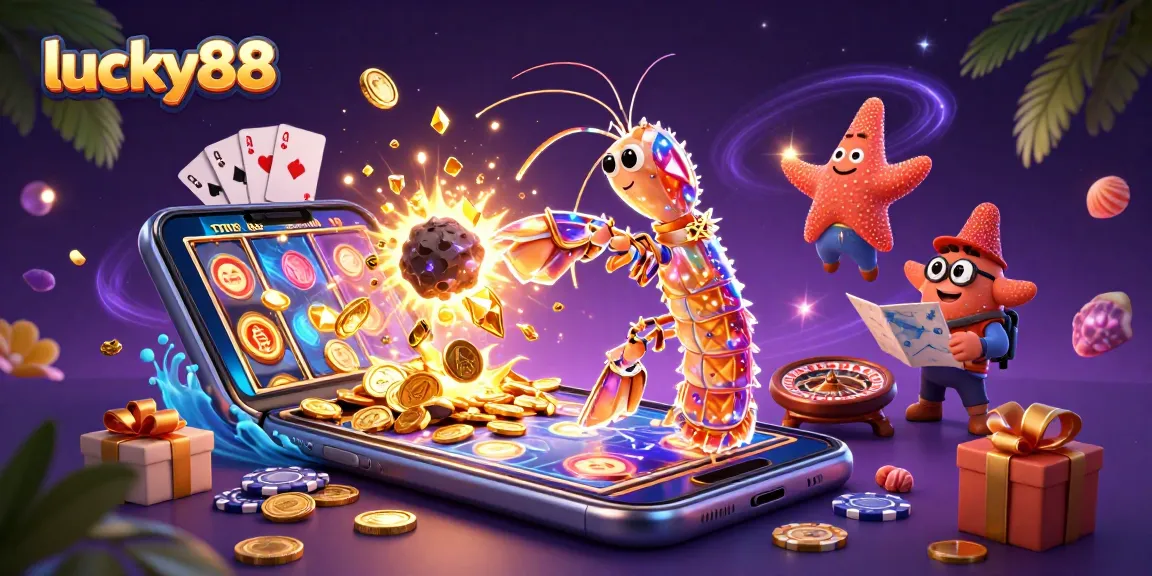 Spin the lucky88 reels with vibrant gems and coins erupting in this 3D casino adventure illustration.