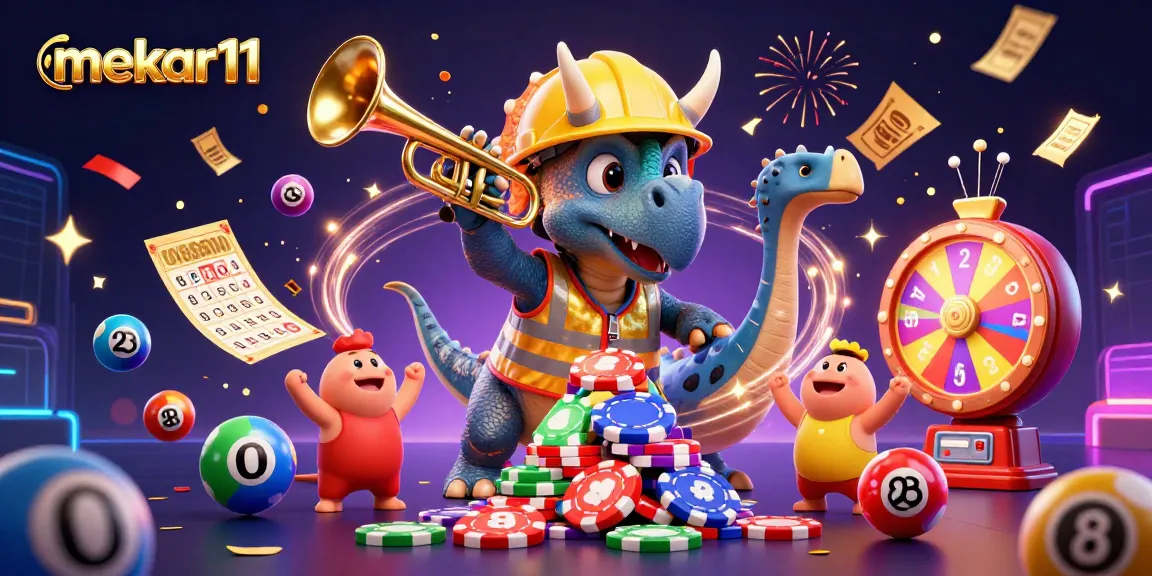 Mekar11 enhances your winning chances with lively, dynamic lottery excitement, featuring a celebratory dinosaur scene.