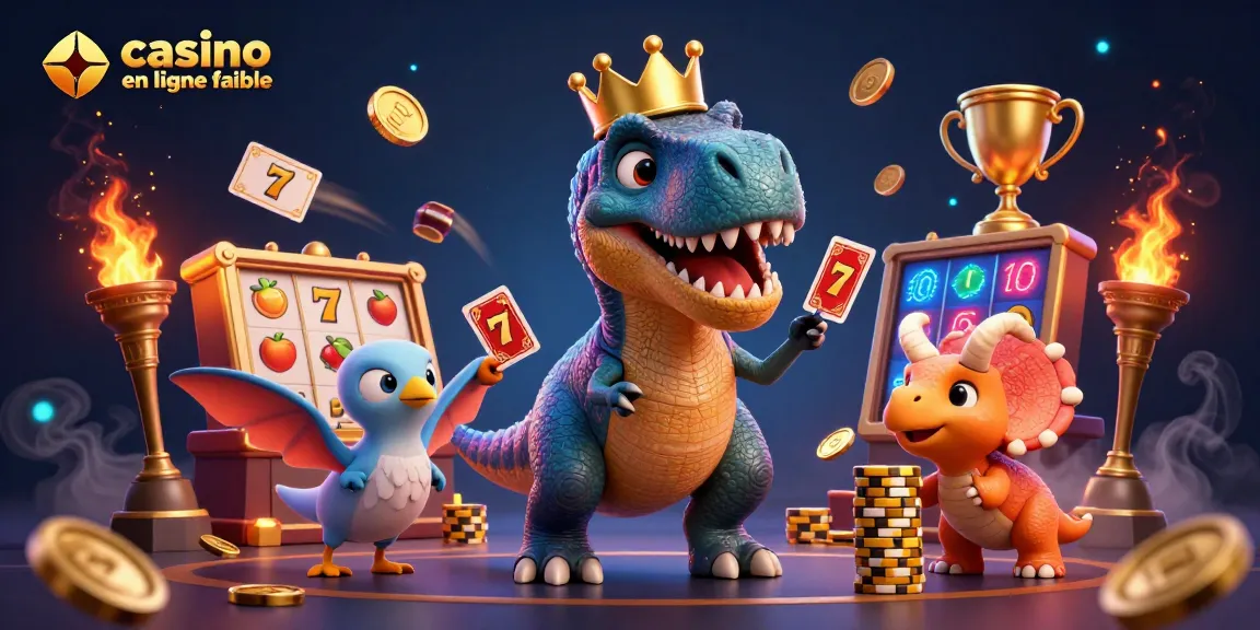 Illustration d'un T-Rex jouant aux cartes et un triceratops empilant des jetons à un casino en ligne fiable.