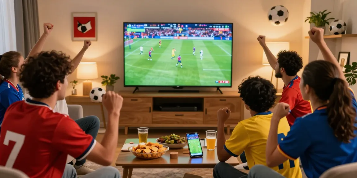 Pengalaman live streaming bola dengan penggemar merayakan pertandingan di ruang tamu.