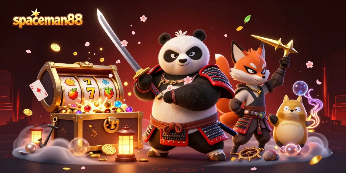 Engage in thrilling Spaceman88 slots as samurai panda battles alongside fox in a vibrant casino scene.