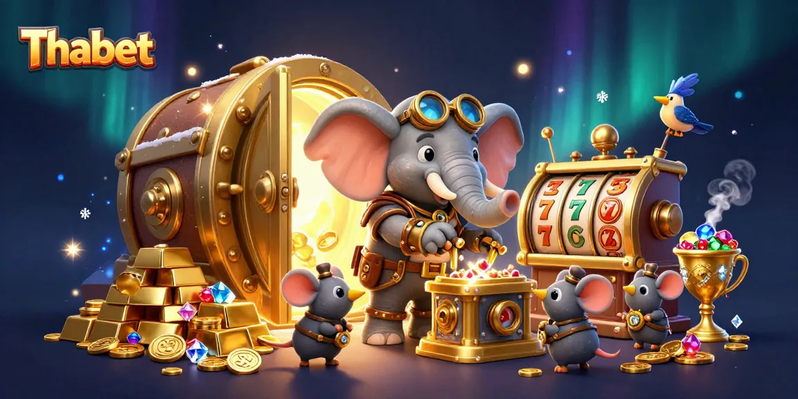Thabet entertains players with an extravagant steampunk casino scene featuring gold, jewels, and winning slot machines.