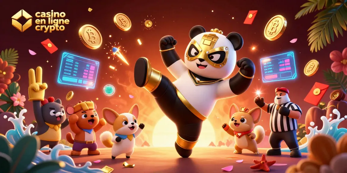 Illustration d'un casino en ligne crypto avec un panda lutteur et un chihuahua juge au cœur de l'action, capturant l'excitation du jeu.