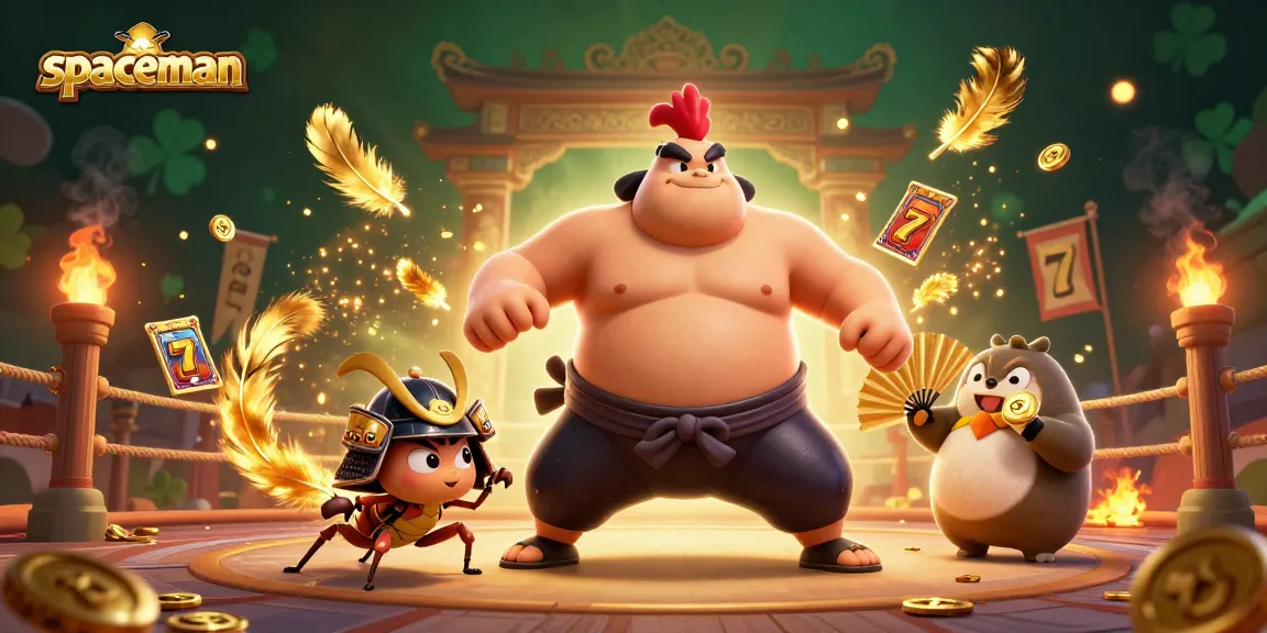 Spaceman theme illustration capturing a powerful sumo wrestler rooster amidst vibrant slot game elements, perfect for gaming excitement.