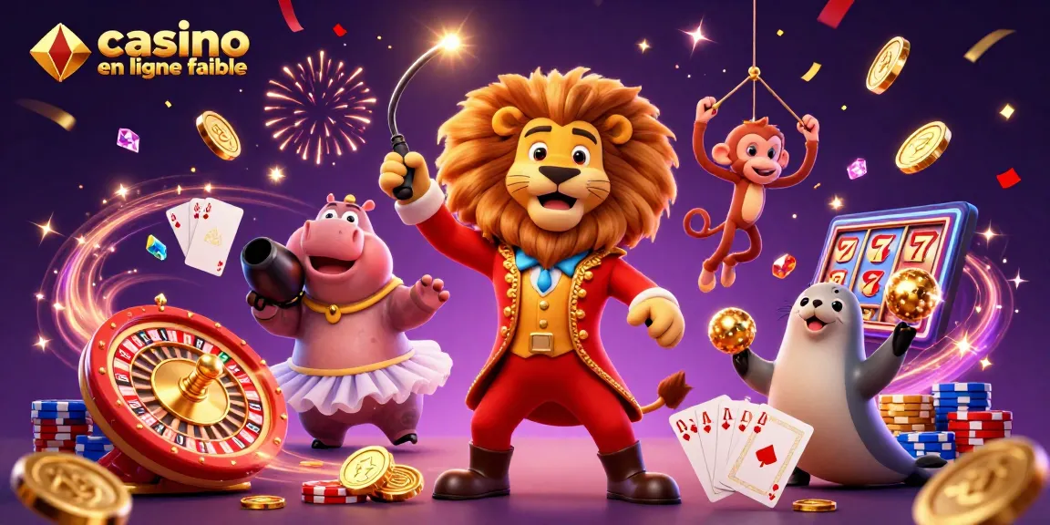 Illustration dynamique d'un lion dompteur et animaux de cirque, promouvant un casino en ligne fiable.