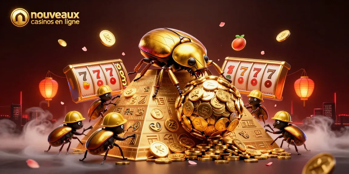 Illustration captivante sur les nouveaux casinos en ligne mettant en scène des scarabées dorés et des symboles de machines à sous.